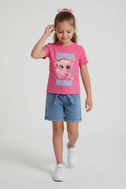 Pembe Balerin Baskılı Tişörtlü Düğmeli Jean Şortlu Kız Çocuk 2li Takım 24167