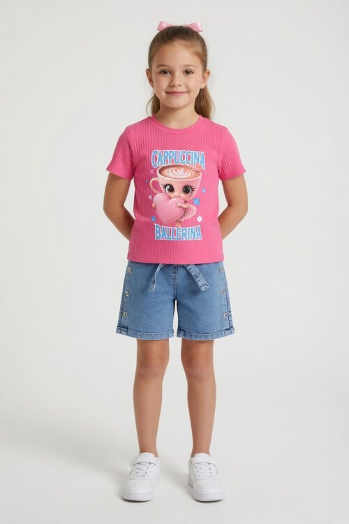 Pembe Balerin Baskılı Tişörtlü Düğmeli Jean Şortlu Kız Çocuk 2li Takım 24167