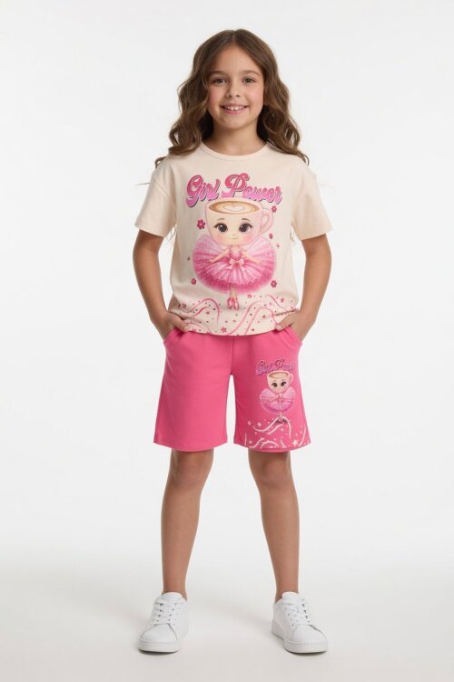 Pembe Balerin Desenli Tişörtlü Kız Çocuk Şortlu 2li Takım 23878