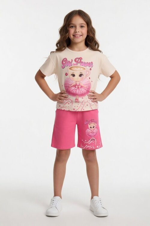 Pembe Balerin Desenli Tişörtlü Kız Çocuk Şortlu 2li Takım 23878