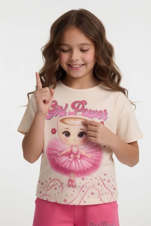 Pembe Balerin Desenli Tişörtlü Kız Çocuk Şortlu 2li Takım 23878