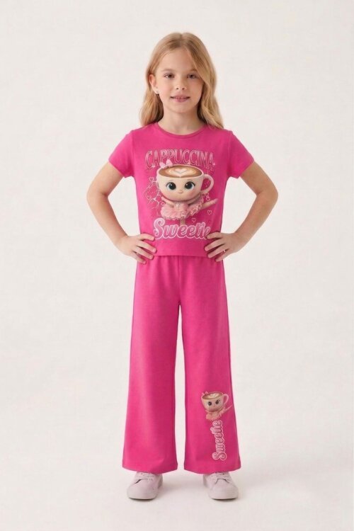 Pembe Ballerin Baskılı Geniş Paça Taytlı Kız Çocuk 2li Takım  23798