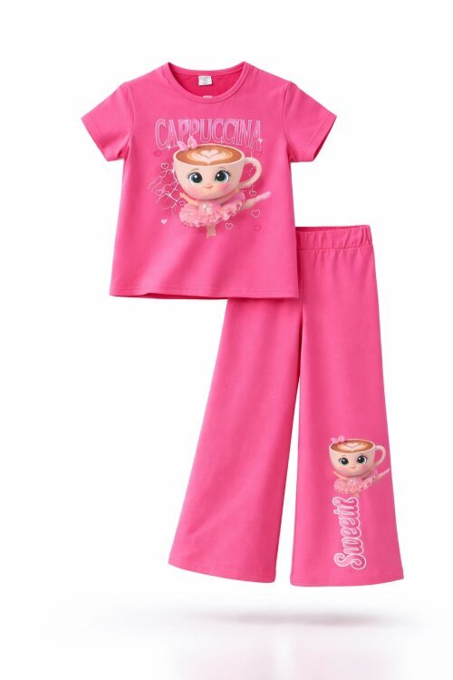 Pembe Ballerin Baskılı Geniş Paça Taytlı Kız Çocuk 2li Takım  23798