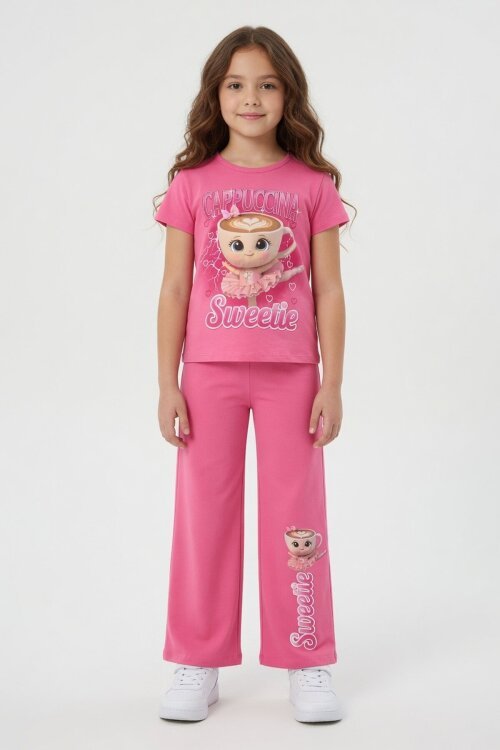 Pembe Ballerin Baskılı Geniş Paça Taytlı Kız Çocuk 2li Takım  23798