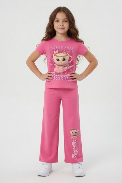Pembe Ballerin Baskılı Geniş Paça Taytlı Kız Çocuk 2li Takım  23798