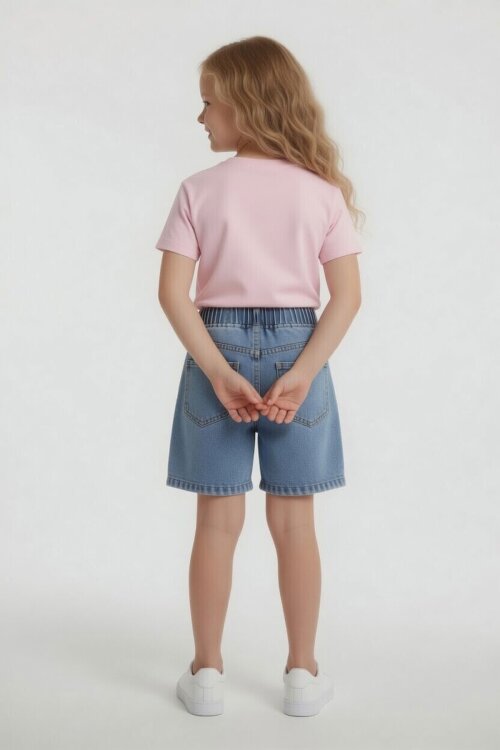 Pembe Beautiful Yazılı Nakışlı Jean Şortlu Kız Çocuk 2li Takım 24059