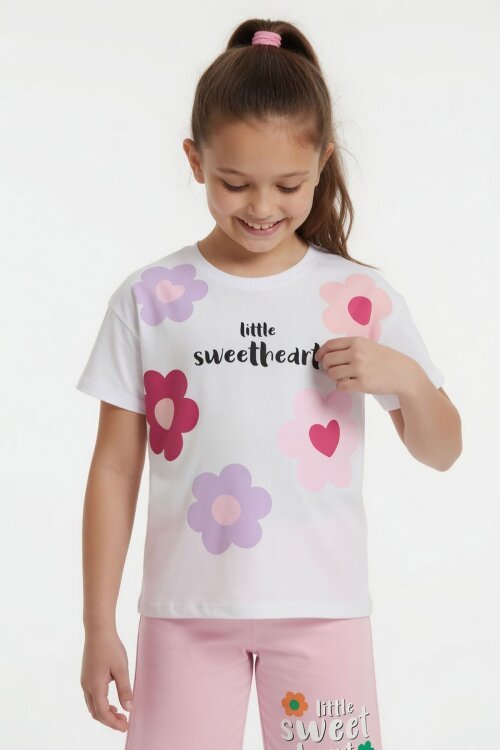 Pembe Çiçek Desenli Tişörtlü Kız Çocuk Şortlu 2 Takım 23848
