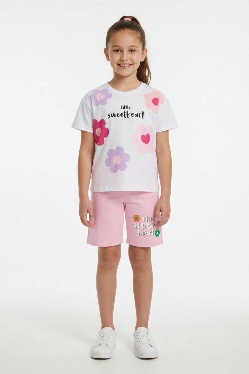 Pembe Çiçek Desenli Tişörtlü Kız Çocuk Şortlu 2 Takım 23848