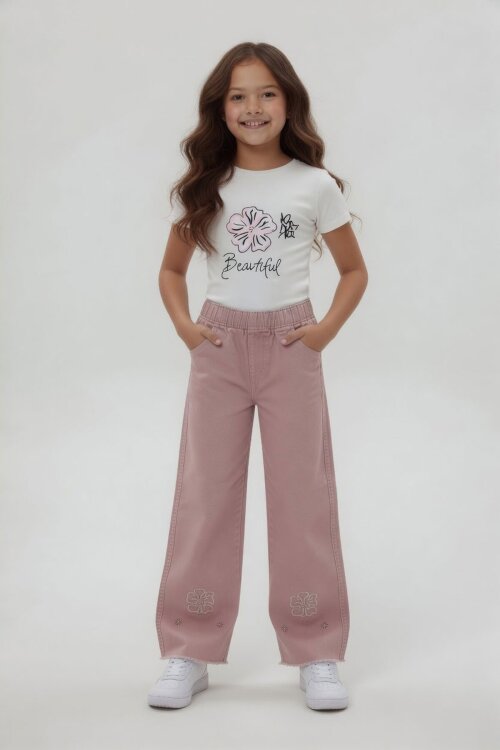 Pembe Çiçek Nakışlı Ceketli Geniş Paça Pantolonlu Kız Çocuk 3lü Takım 24115