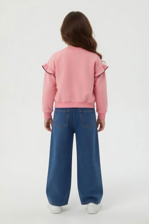 Pembe Çiçek Nakışlı Fırfırlı Badili Jean Pantolonlu Kız Çocuk Takım 24555