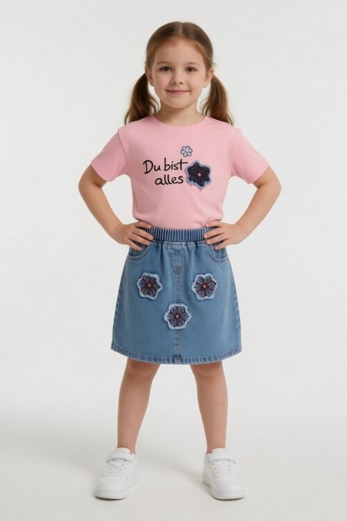Pembe Çiçek Nakışlı Taşlı Jean Etekli Badili Kız Çocuk 2li Takım 24049