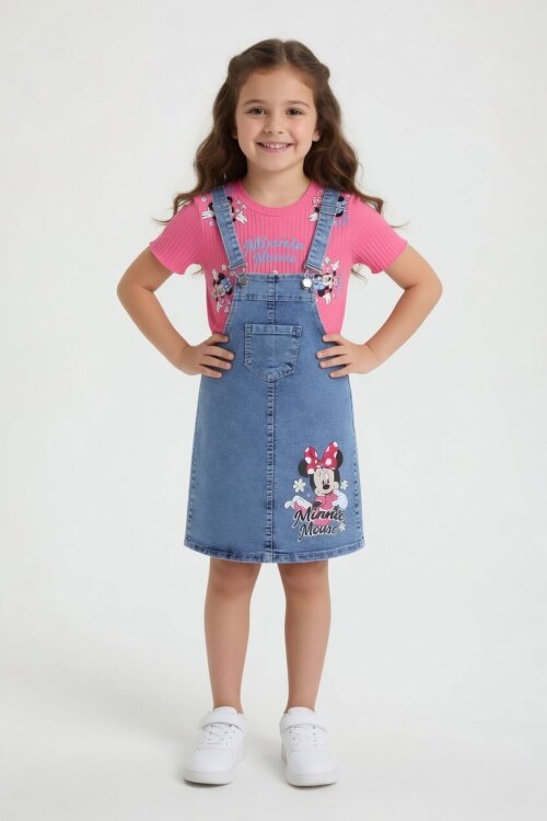 Pembe Çiçekli Minnie Desenli Badili Jean Salopetli Kız Çocuk Takım 24089