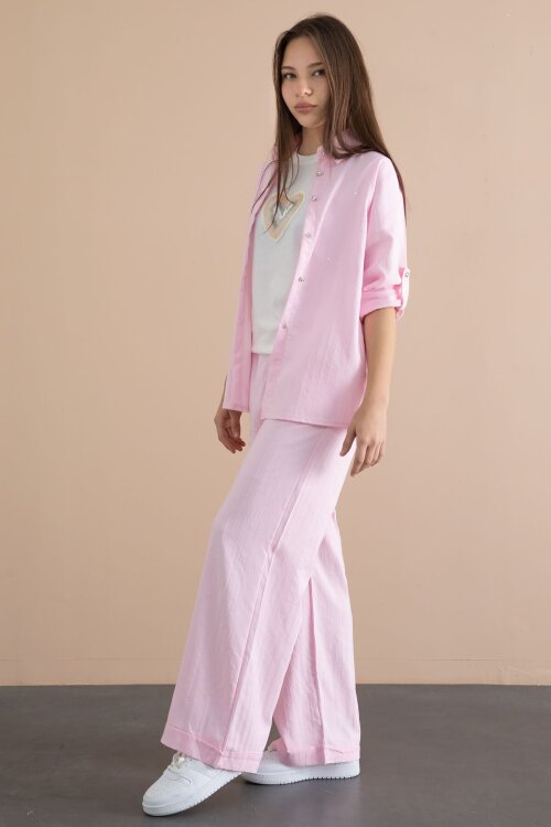 Pembe Çizgi Desen Gömlekli Geniş Paça Pantolonlu Badili Kız Çocuk 3lü Takım 24078