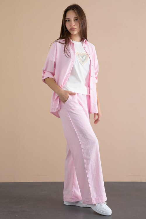 Pembe Çizgi Desen Gömlekli Geniş Paça Pantolonlu Badili Kız Çocuk 3lü Takım 24078