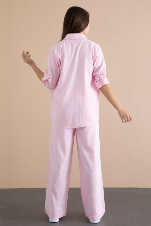 Pembe Çizgi Desen Gömlekli Geniş Paça Pantolonlu Badili Kız Çocuk 3lü Takım 24078