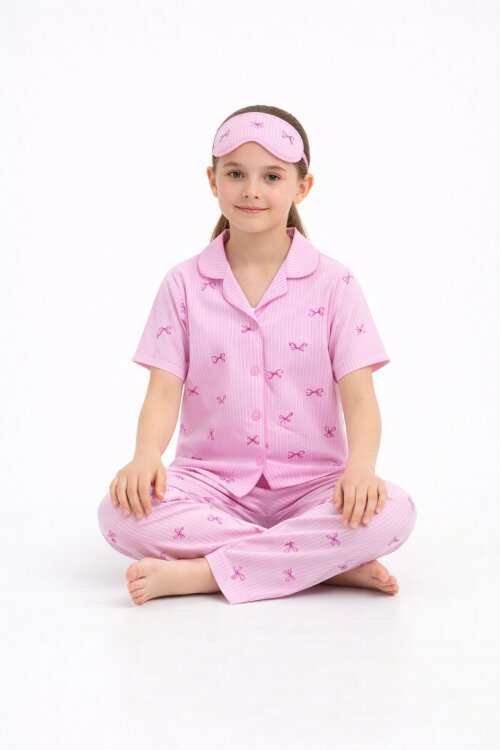 Pembe Çizgi Desenli Fiyonklu Kısa Kol Kız Çocuk Göz Bantlı Pijama Takımı 23819