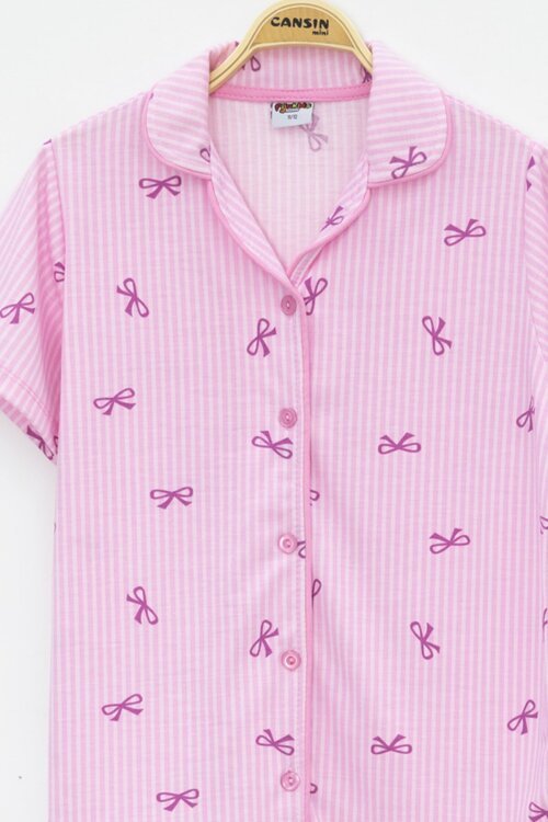 Pembe Çizgi Desenli Fiyonklu Kısa Kol Kız Çocuk Göz Bantlı Pijama Takımı 23819