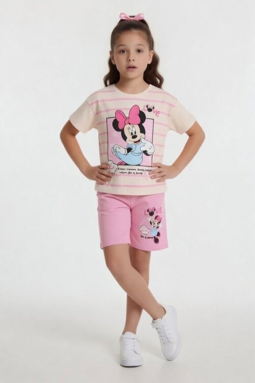 Pembe Çizgi Desenli Karakter Baskılı Kız Çocuk Tişörtlü Şortlu Takım 23867