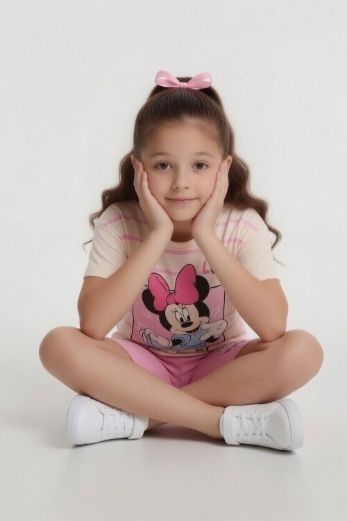 Pembe Çizgi Desenli Karakter Baskılı Kız Çocuk Tişörtlü Şortlu Takım 23867