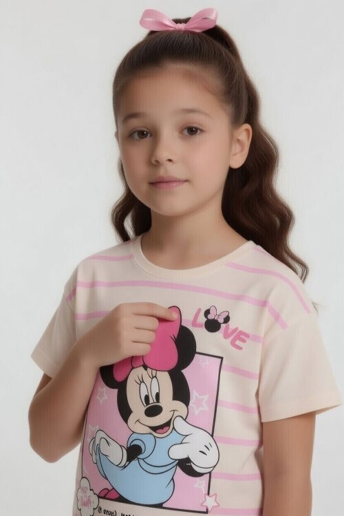 Pembe Çizgi Desenli Karakter Baskılı Kız Çocuk Tişörtlü Şortlu Takım 23867