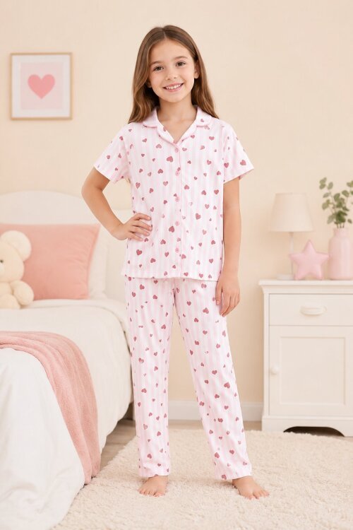 Pembe Çizgili Kalp Desenli Göz Bantlı Kız Çocuk Kısa Kol Pijama Takımı 20567