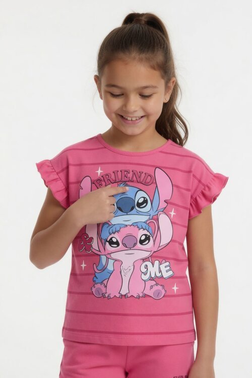 Pembe Çizgili Karakter Baskılı Fırfırlı Kız Çocuk Şortlu 2li Takım  23954