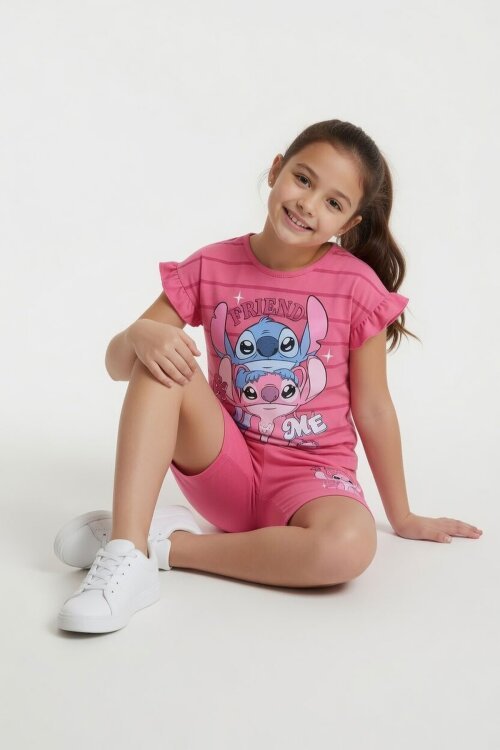 Pembe Çizgili Karakter Baskılı Fırfırlı Kız Çocuk Şortlu 2li Takım  23954