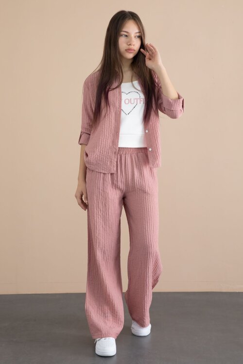 Pembe Geniş Paça Pantolonlu Gömlekli Kız Çocuk Croplu 3lü Alt Üst Takım 24065