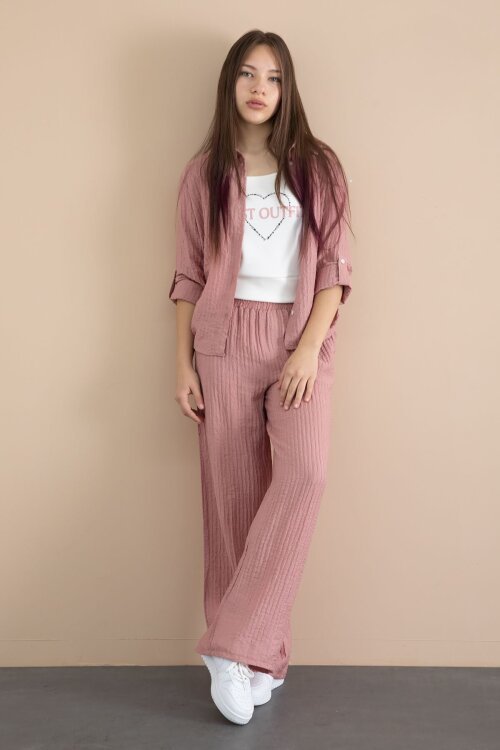 Pembe Geniş Paça Pantolonlu Gömlekli Kız Çocuk Croplu 3lü Alt Üst Takım 24065