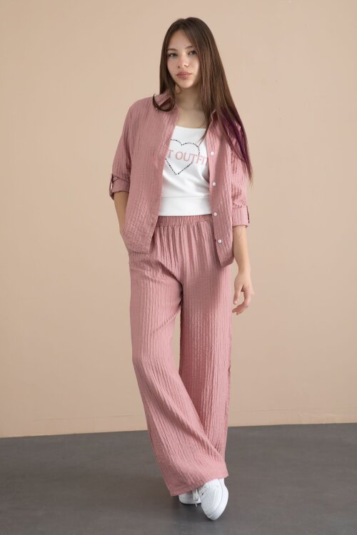 Pembe Geniş Paça Pantolonlu Gömlekli Kız Çocuk Croplu 3lü Alt Üst Takım 24065