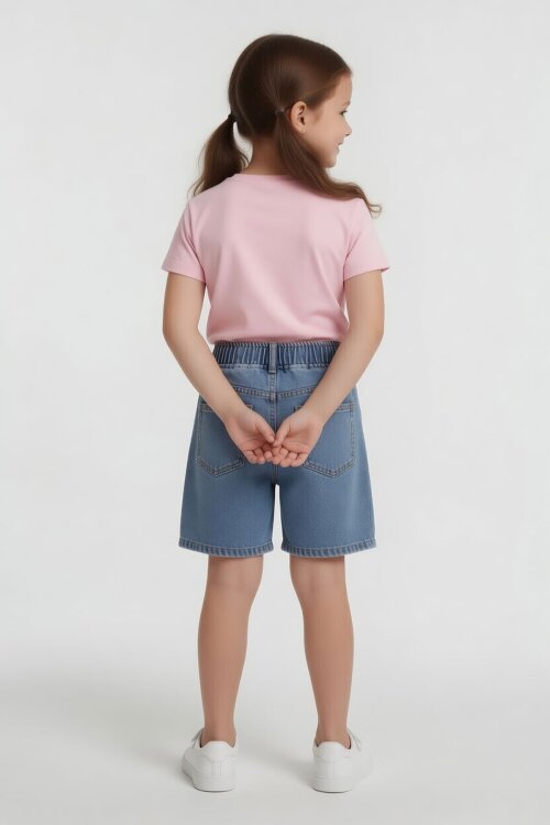 Pembe Kalp Nakışlı Badili Jean Şortlu Kız Çocuk Takım  24052