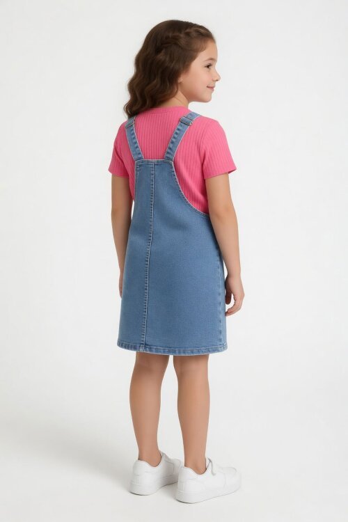 Pembe Kalpli Balerin Desenli Badili Jean Salopetli Kız Çocuk Takım 24085
