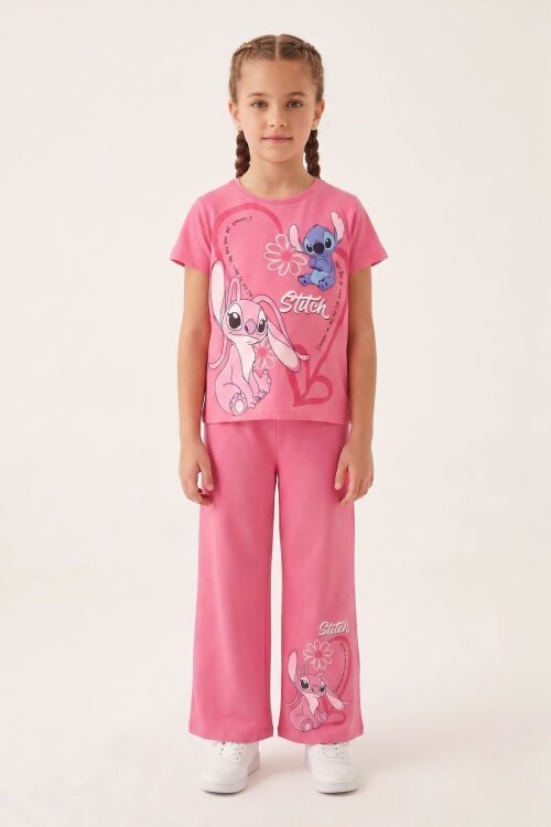 Pembe Kalpli Karakter Baskılı Geniş Paça Pantolonlu Kız Çocuk 2li Takım 23808
