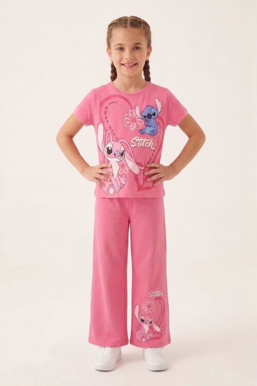 Pembe Kalpli Karakter Baskılı Geniş Paça Pantolonlu Kız Çocuk 2li Takım 23808