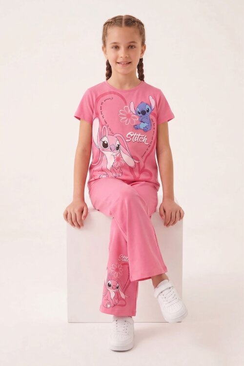 Pembe Kalpli Karakter Baskılı Geniş Paça Pantolonlu Kız Çocuk 2li Takım 23808