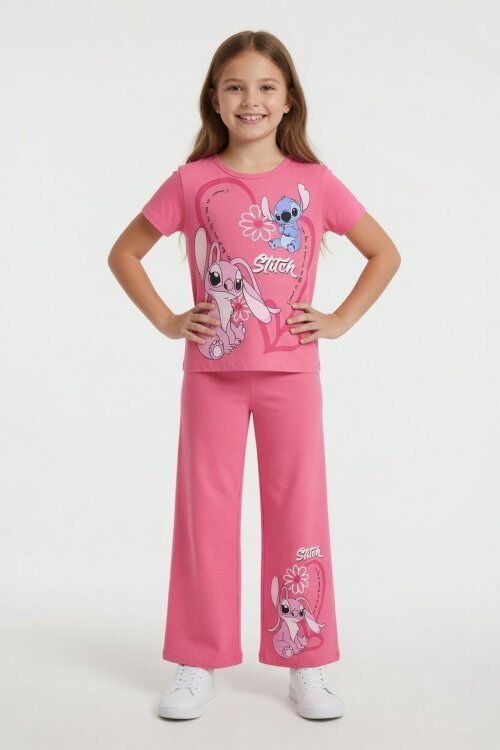 Pembe Kalpli Karakter Baskılı Geniş Paça Pantolonlu Kız Çocuk 2li Takım 23808