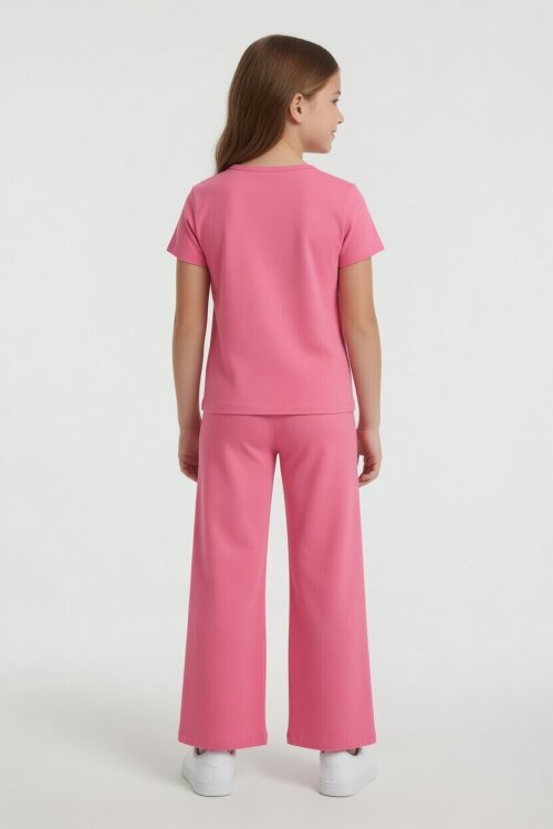 Pembe Kalpli Karakter Baskılı Geniş Paça Pantolonlu Kız Çocuk 2li Takım 23808