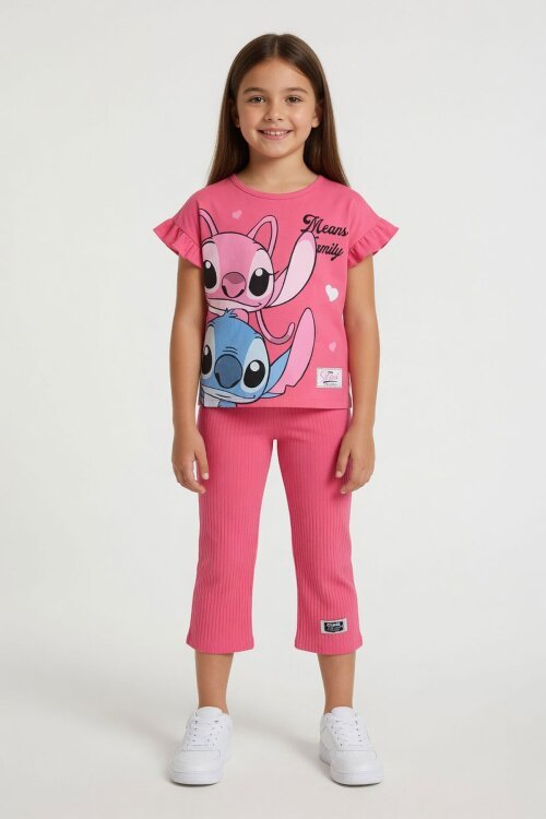 Pembe Karakter Baskılı Fitilli Bermuda Pantolonlu Kız Çocuk Tişörtlü Takım  23805