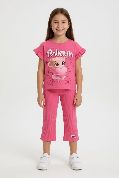 Pembe Karakter Baskılı Tişörtlü Fitilli Pantolonlu Kız Çocuk 2li Takım 23829