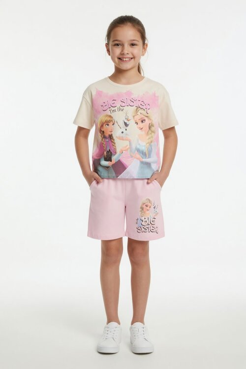 Pembe Karlar Kraliçesi Baskılı Kız Çocuk Tişörtlü Şortlu Takım  23949