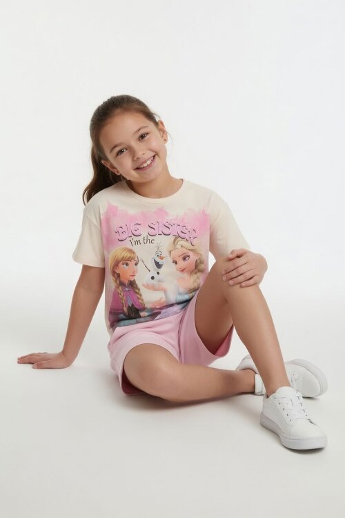 Pembe Karlar Kraliçesi Baskılı Kız Çocuk Tişörtlü Şortlu Takım  23949