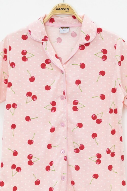 Pembe Kiraz Desenli Kısa Kol Kız Çocuk Göz Bantlı Pijama Takımı 23821
