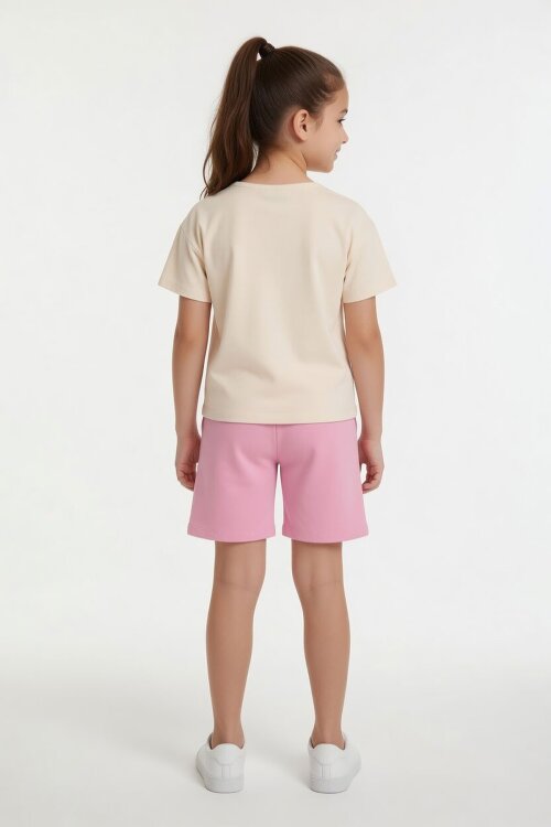 Pembe Kiraz Desenli Love Yazılı Tişörtlü Kız Çocuk Şortlu Takım 23896