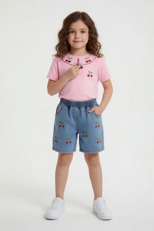 Pembe Kiraz Nakışlı Yaka Detaylı Kız Çocuk Jean Şortlu Takım 24068