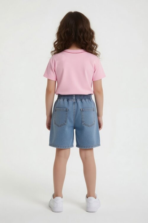 Pembe Kiraz Nakışlı Yaka Detaylı Kız Çocuk Jean Şortlu Takım 24068