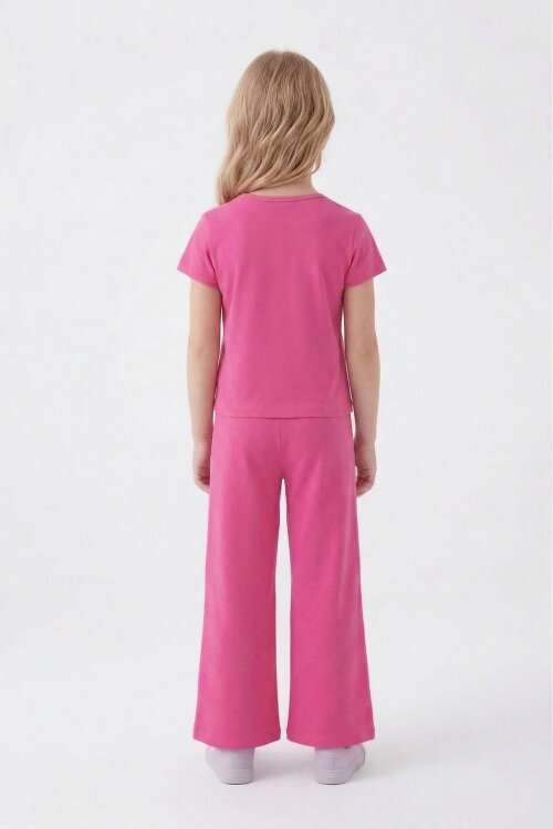 Pembe Kız Karakter Baskılı Geniş Paça Pantolonlu 2li Kız Çocuk Takım 23801