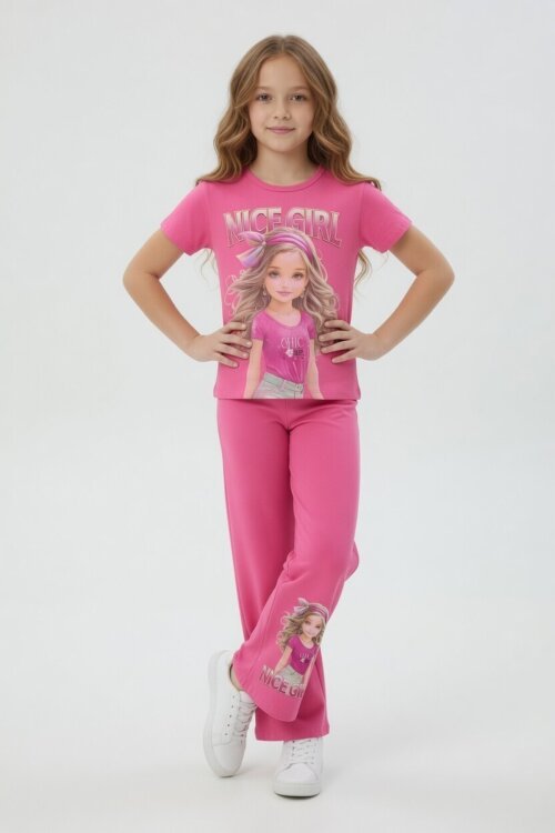 Pembe Kız Karakter Baskılı Geniş Paça Pantolonlu 2li Kız Çocuk Takım 23801