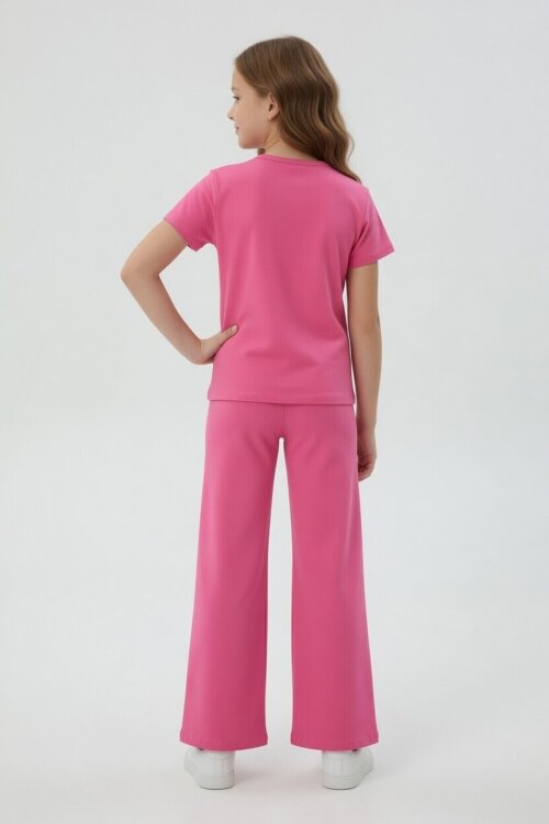 Pembe Kız Karakter Baskılı Geniş Paça Pantolonlu 2li Kız Çocuk Takım 23801