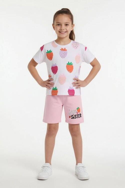Pembe Meyve Desenli Tişörtlü Kız Çocuk Şortlu Yazlık Takım 23861