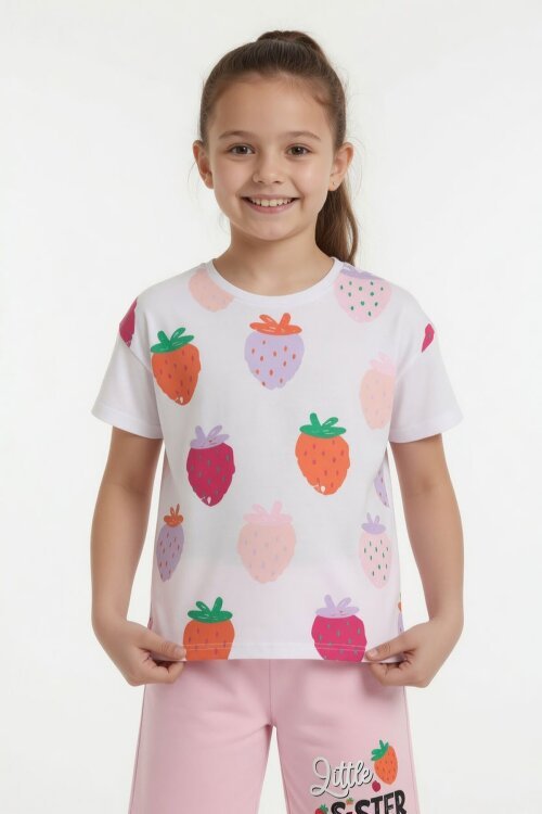 Pembe Meyve Desenli Tişörtlü Kız Çocuk Şortlu Yazlık Takım 23861